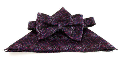 Cerise & Blue Wave Silk Bow Tie & Pocket Square Set by Van Buck