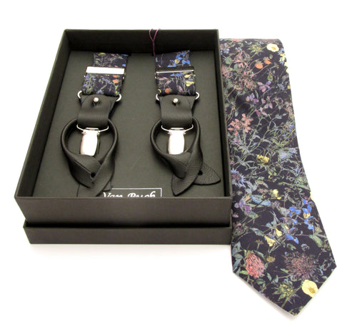 Wild Flowers Navy Tie & Trouser Braces Set Made with Liberty Fabric 