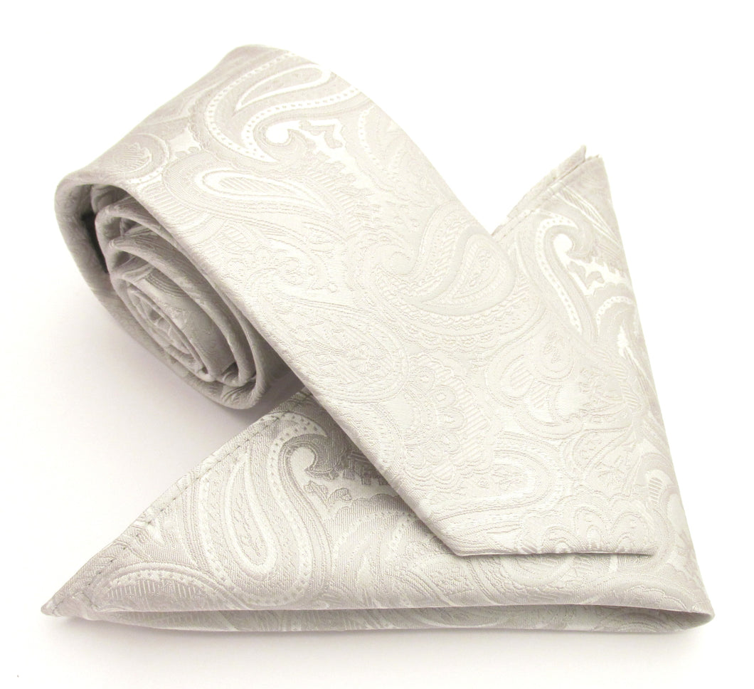 Paisley Silver Silk Tie & Pocket Square Set by Van Buck 