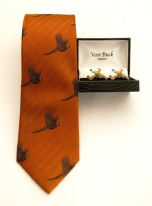 Orange Flying Pheasant Country Silk Tie & Cufflink Set by Van Buck
