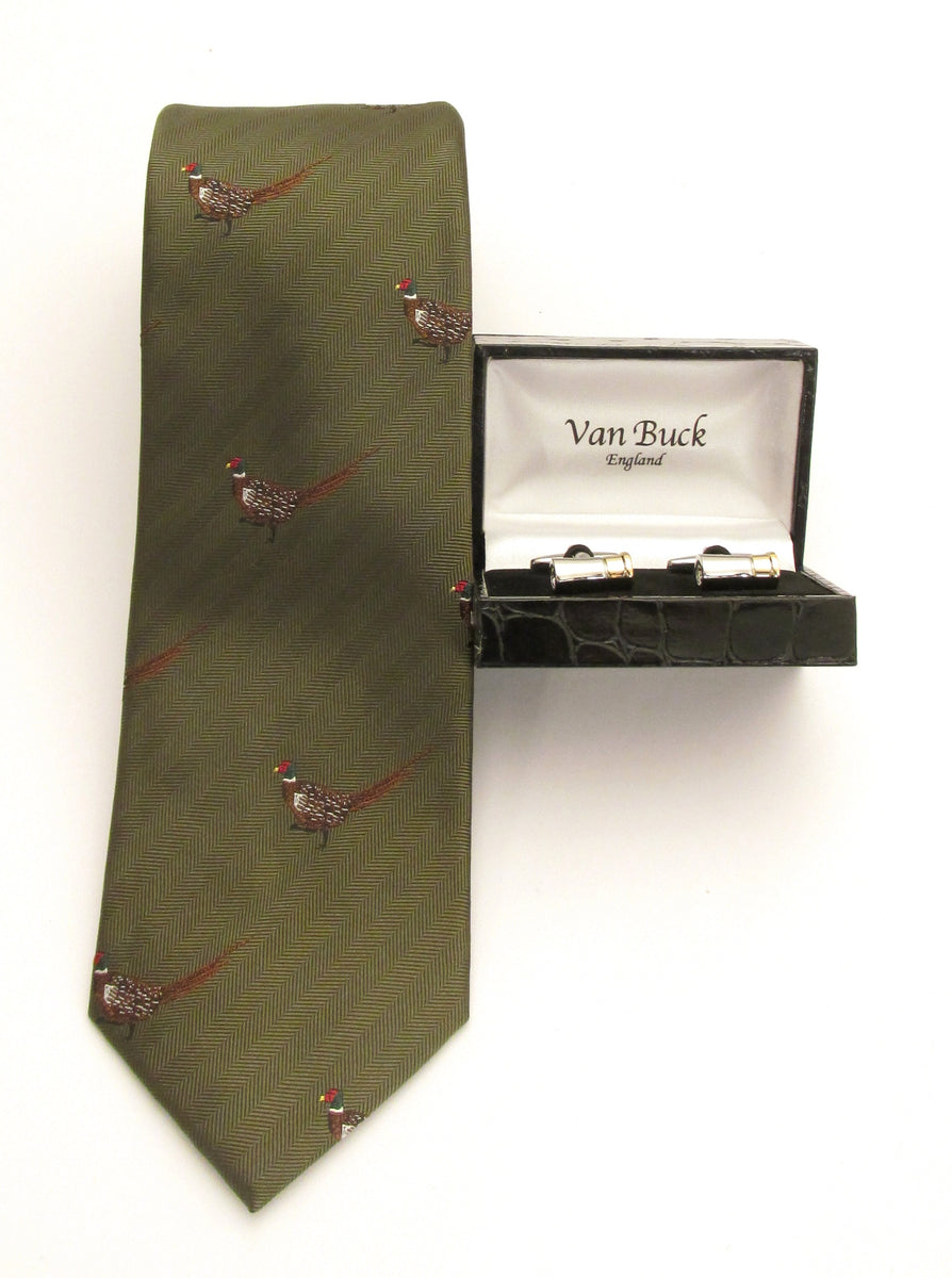 Green Flying Pheasants Silk Tie & Cufflink Set main image 1