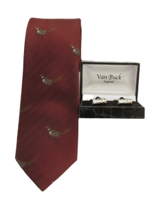 Wine Running Pheasant Country Silk Tie & Cufflink Set by Van Buck
