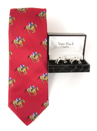 Red Horse Racing Motif Silk Tie & Oval Cufflink Set by Van Buck