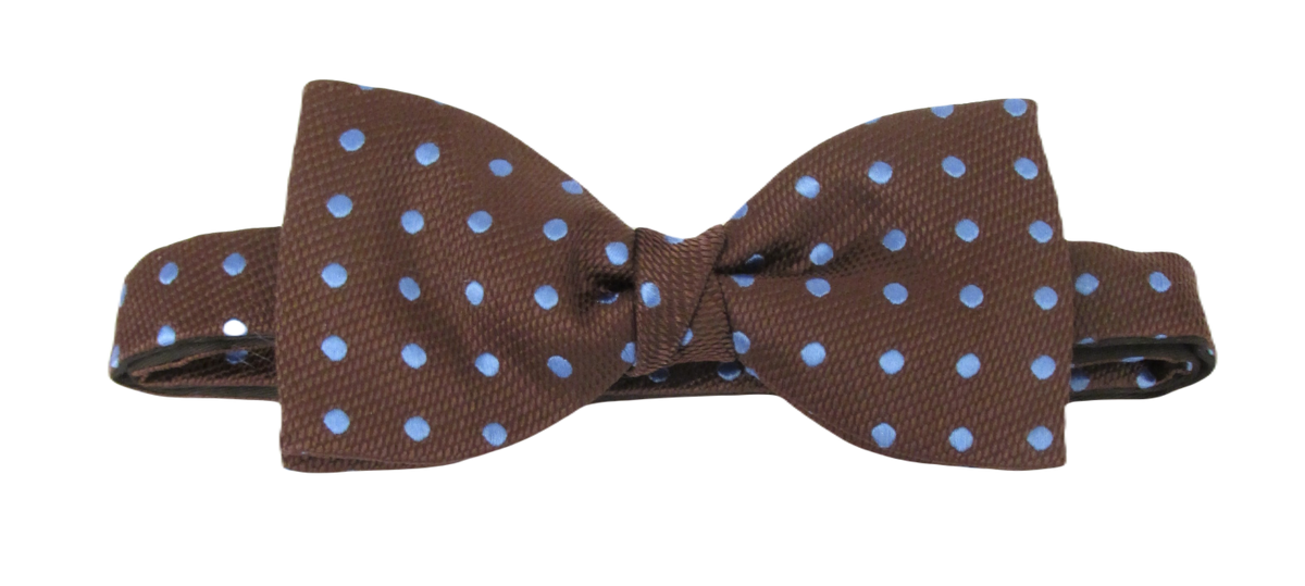 Brown with Sky Blue Polka Dot Silk Bow Tie by Van Buck Bow Tie Van