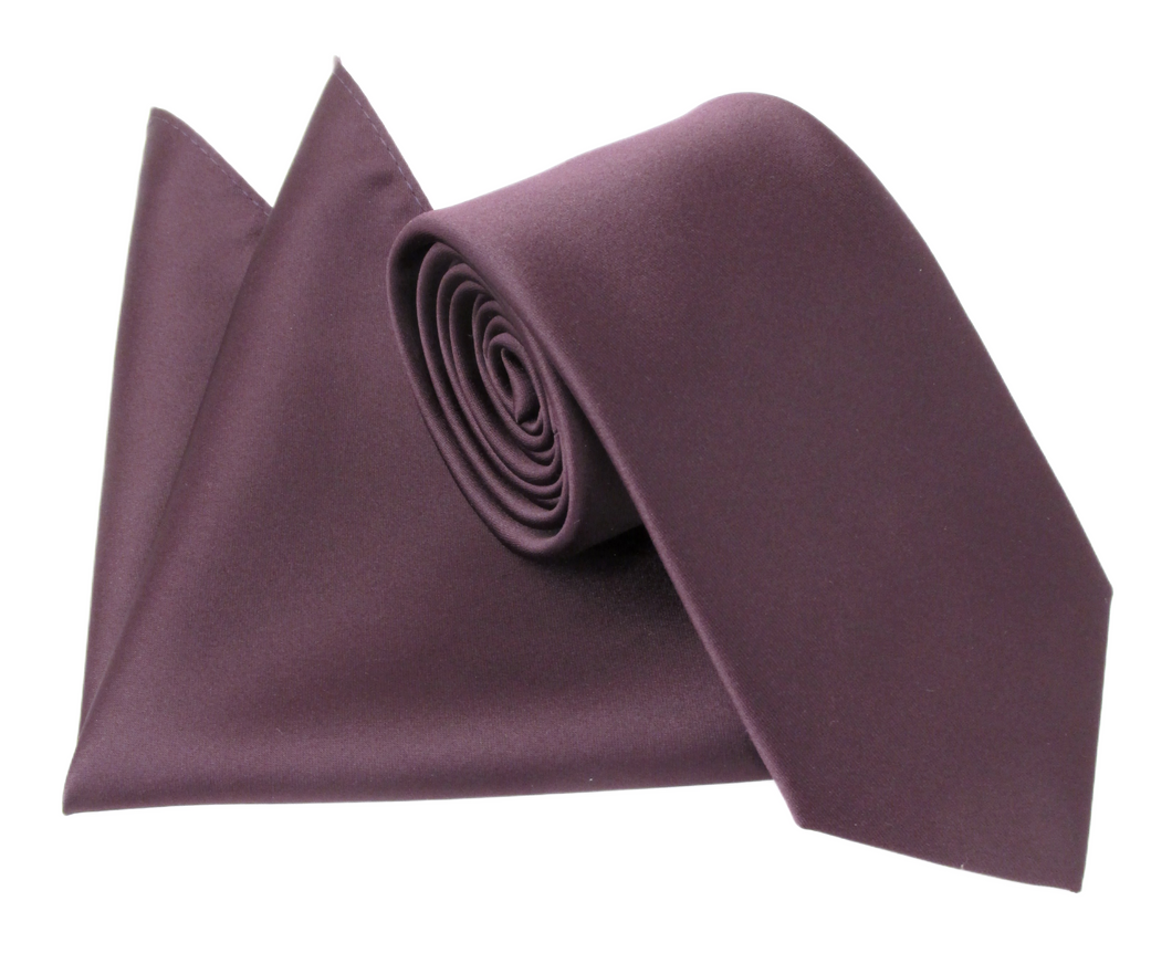 Aubergine Satin Wedding Tie and Pocket Square Set by Van Buck
