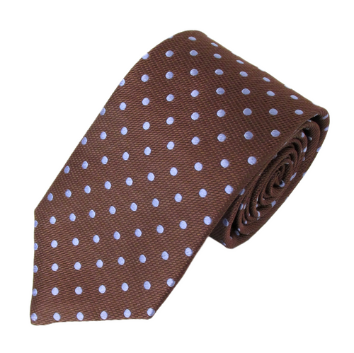 Brown Silk Tie With Sky Blue Polka Dots