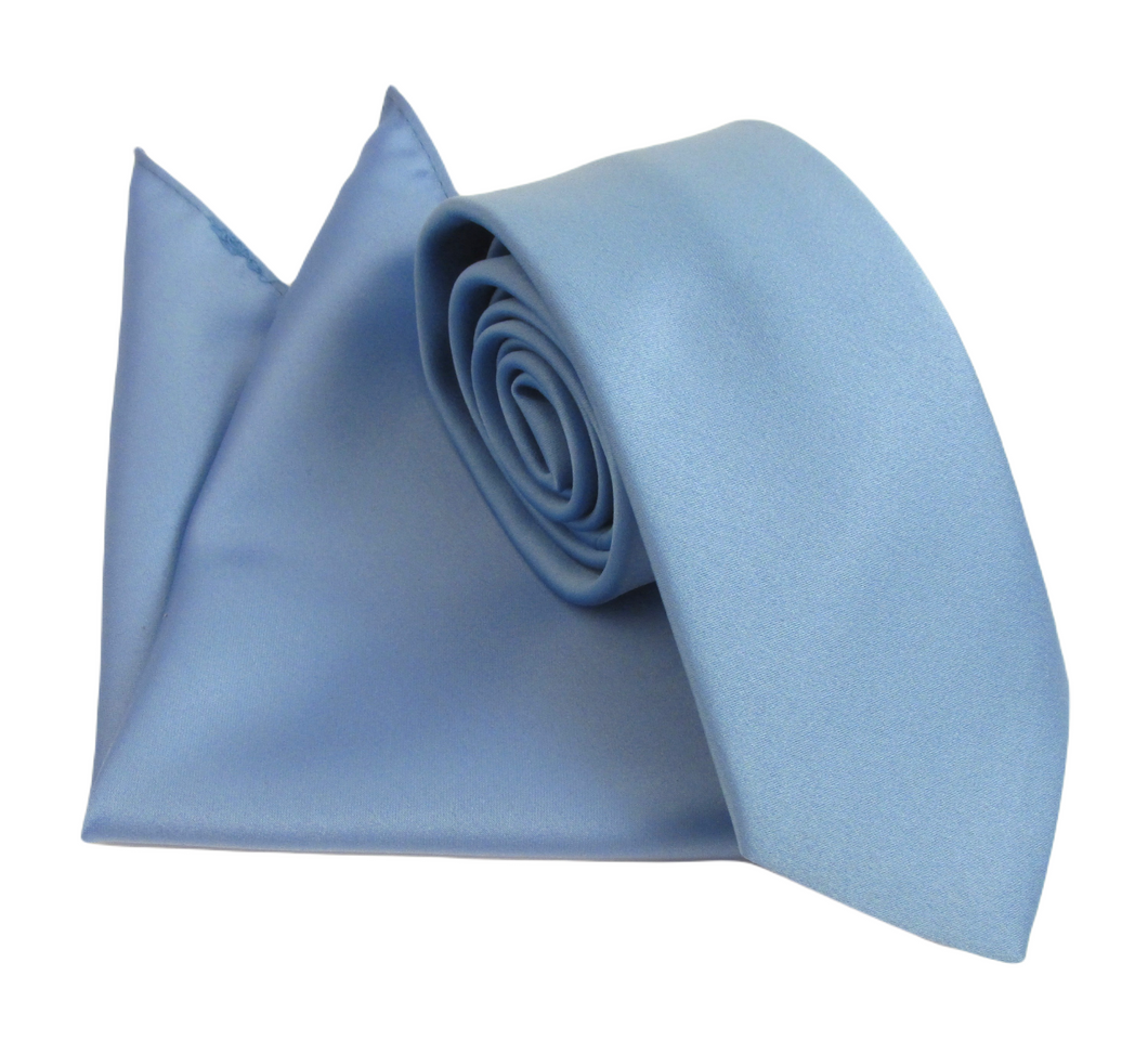 Cornflower Blue Satin Wedding Tie and Pocket Square Set By Van Buck