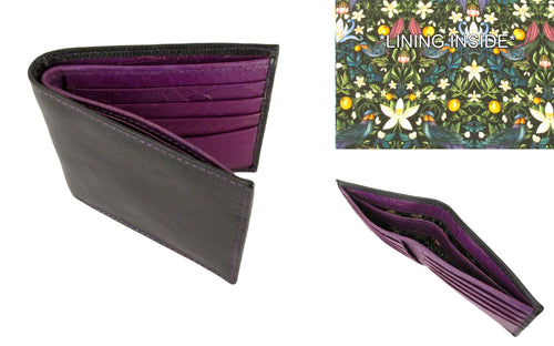 Black Leather RFID Wallet Trimmed With Forbidden Fruit Liberty Fabric