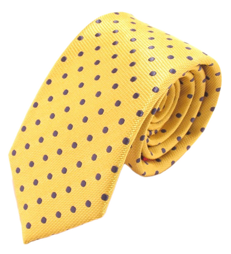 Gold Silk Tie with Navy Blue Polka Dots by Van Buck