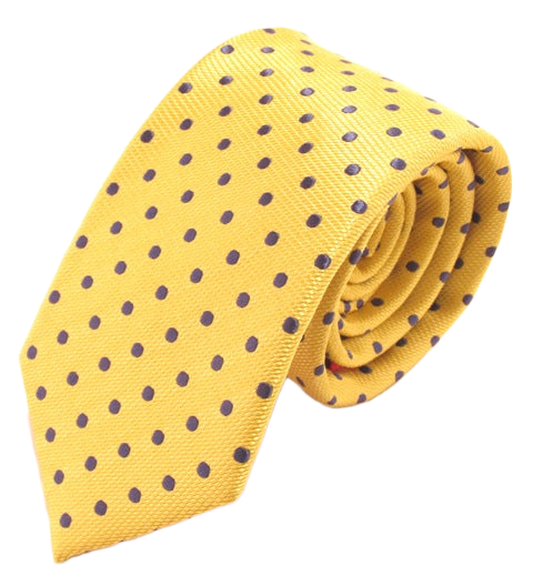 Gold Silk Tie with Navy Blue Polka Dots by Van Buck