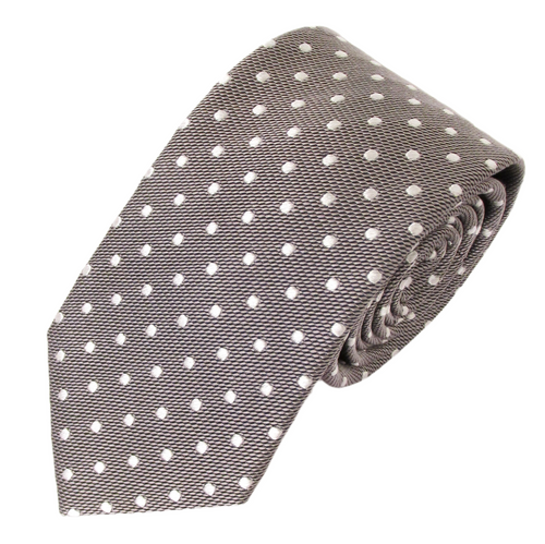 Grey Silk Tie with White Polka Dots by Van Buck