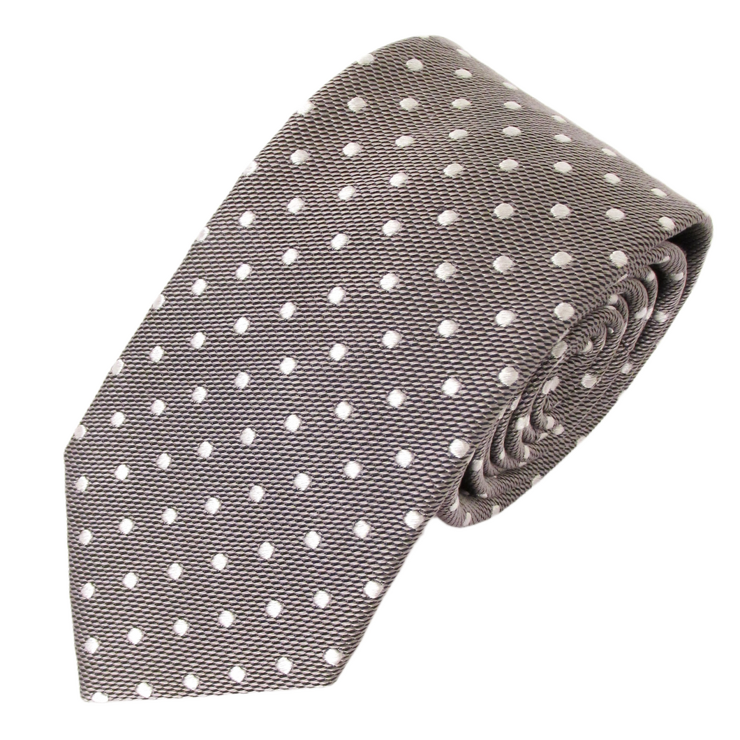 Grey Silk Tie with White Polka Dots by Van Buck