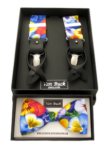 Multicoloured Pansies Party Bow Tie & Trouser Braces by Van Buck
