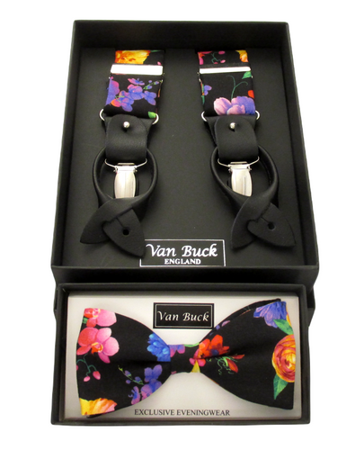 Black Floral Party Bow Tie & Trouser Braces by Van Buck