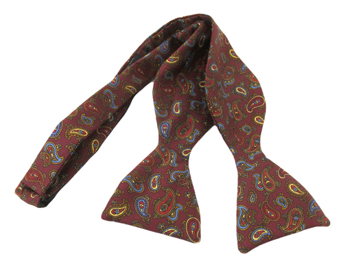 Burgundy Multi Paisley Printed Silk Self Tie Bow by Van Buck