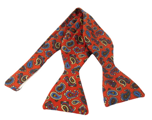 Red Multi Paisley Printed Silk Self Tie Bow by Van Buck
