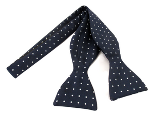 Navy With White Spots Printed Silk Self Tie Bow by Van Buck