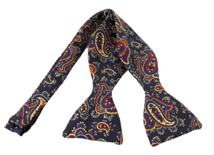Navy Large Multi Paisley Printed Silk Self Tie Bow by Van Buck