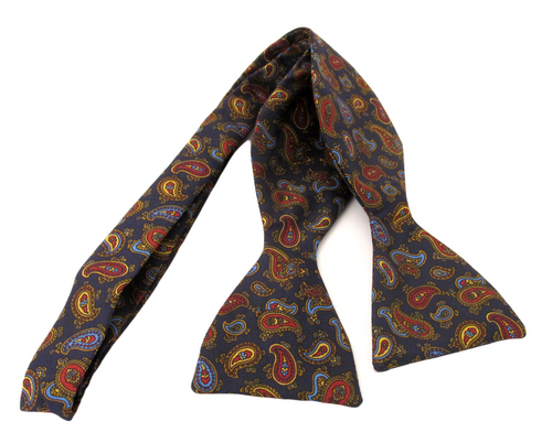 Navy Multi Paisley Printed Silk Self Tie Bow by Van Buck