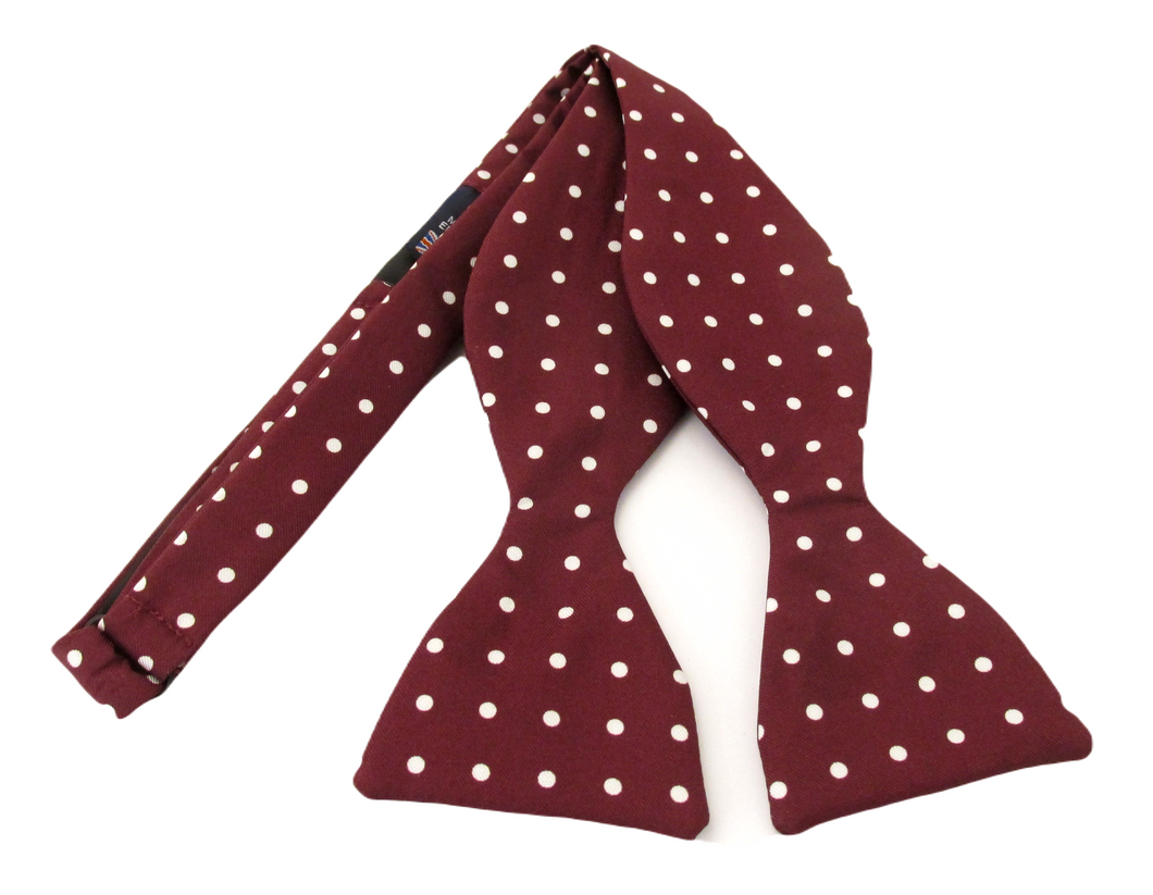 Wine With White Spots Printed Silk Self Tie Bow by Van Buck