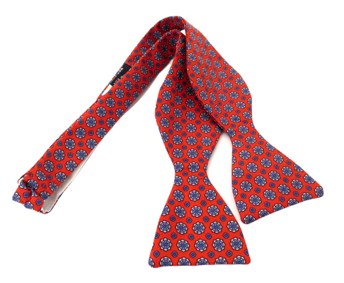 Red With Navy And White Medallion Printed Silk Self Tie Bow by Van Buck