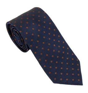 Navy Silk Tie With Brown Polka Dots