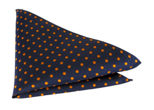 Navy & Orange Silk Polka Dot Pocket Square by Van Buck
