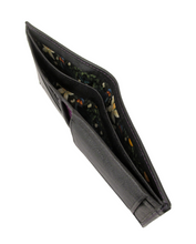 Black Leather RFID Coin Wallet Trimmed With Forbidden Fruit Liberty Fabric