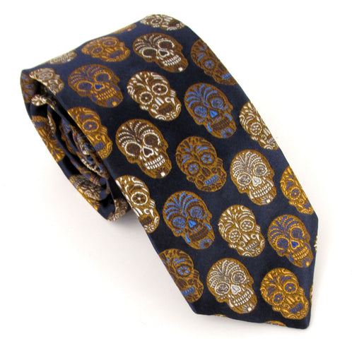Limited Edition Navy Blue and Rust Skull Silk Tie by Van Buck