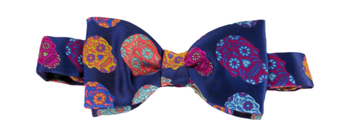 Limited Edition Navy Blue With Multicoloured Skulls Silk Bow Tie by Van Buck