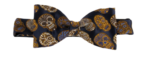 Limited Edition Navy Blue & Brown Skulls Silk Bow Tie by Van Buck