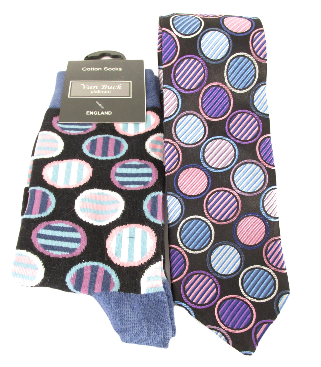 Van Buck Limited Edition Pink & Blue Circles Silk Tie & Socks Gift Set