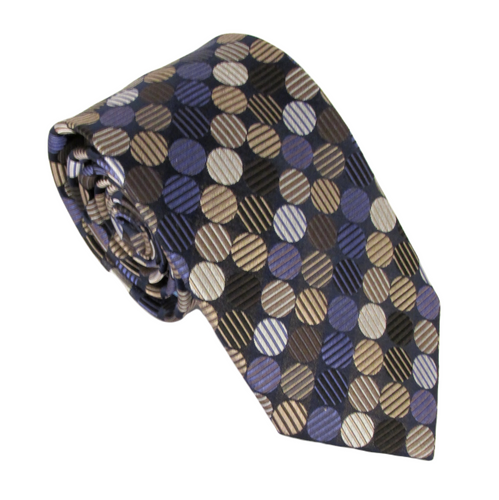 Navy With Brown Geometric Circles London Label Silk Tie by Van Buck