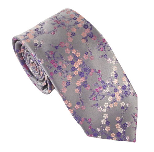 Silver Pink Floral London Label Silk Tie by Van Buck