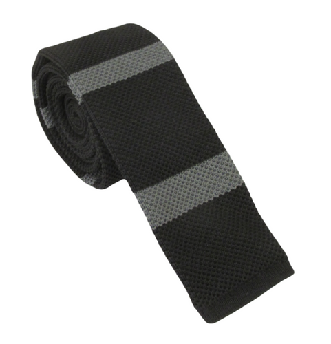 Black With Grey Stripe Knitted Tie by Van Buck