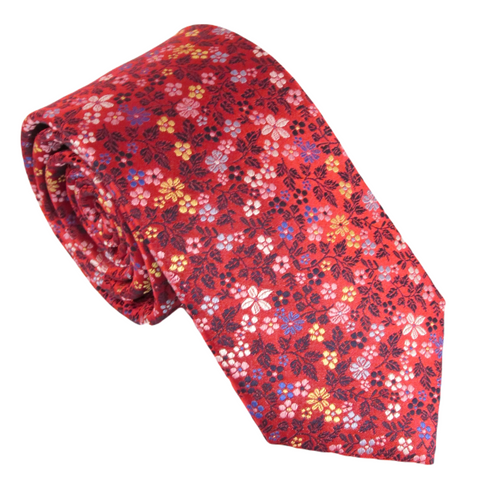 Red Neat Small Flowers Red Label Silk Tie by Van Buck