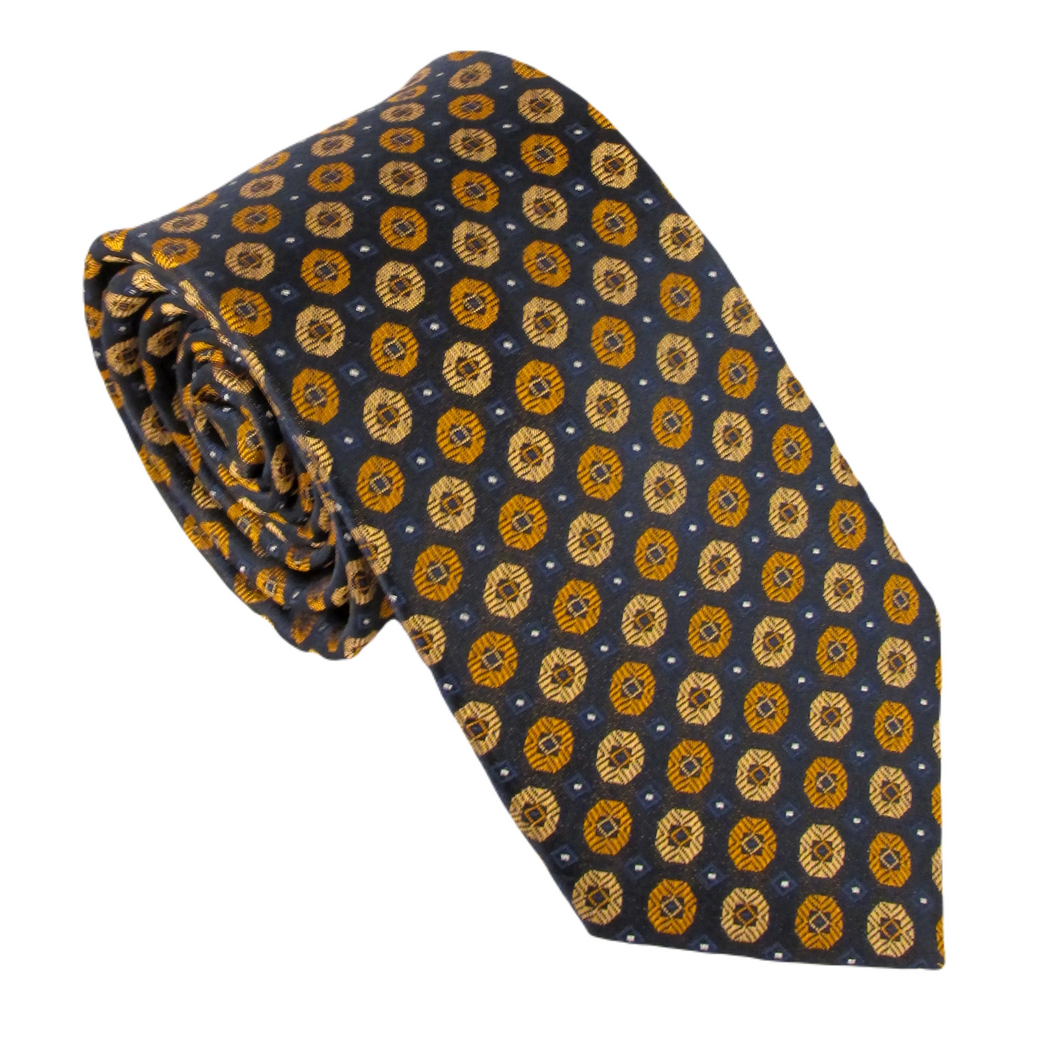 Gold Medallion Circles London Silk Tie by Van Buck