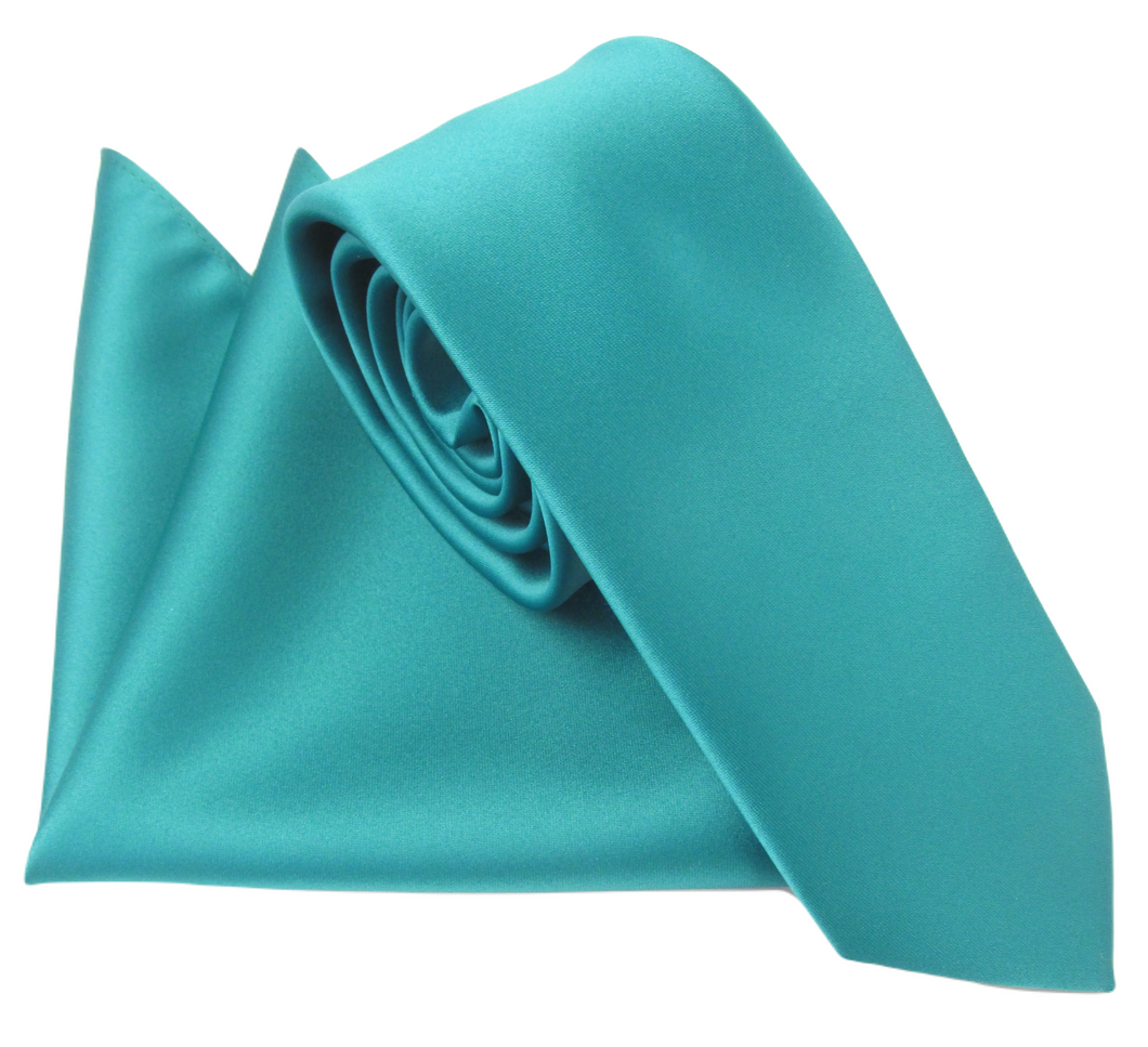 Teal 51 Satin Wedding Tie and Pocket Square Set by Van Buck