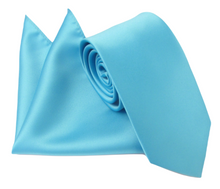 Aqua Satin Wedding Tie and Pocket Square Set by Van Buck