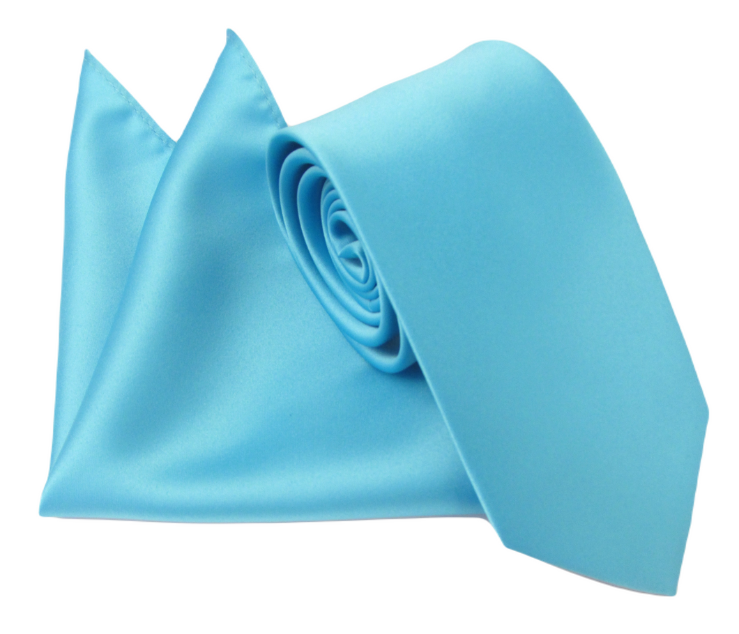 Aqua Satin Wedding Tie and Pocket Square Set by Van Buck