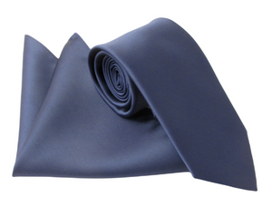 French Navy Satin Wedding Tie and Pocket Square Set by Van Buck