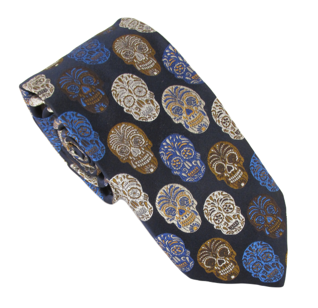 Limited Edition Navy Blue and Brown Skull Silk Tie by Van Buck