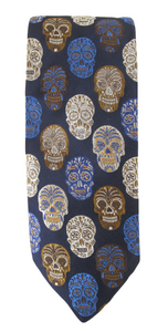 Limited Edition Navy Blue and Brown Skull Silk Tie by Van Buck