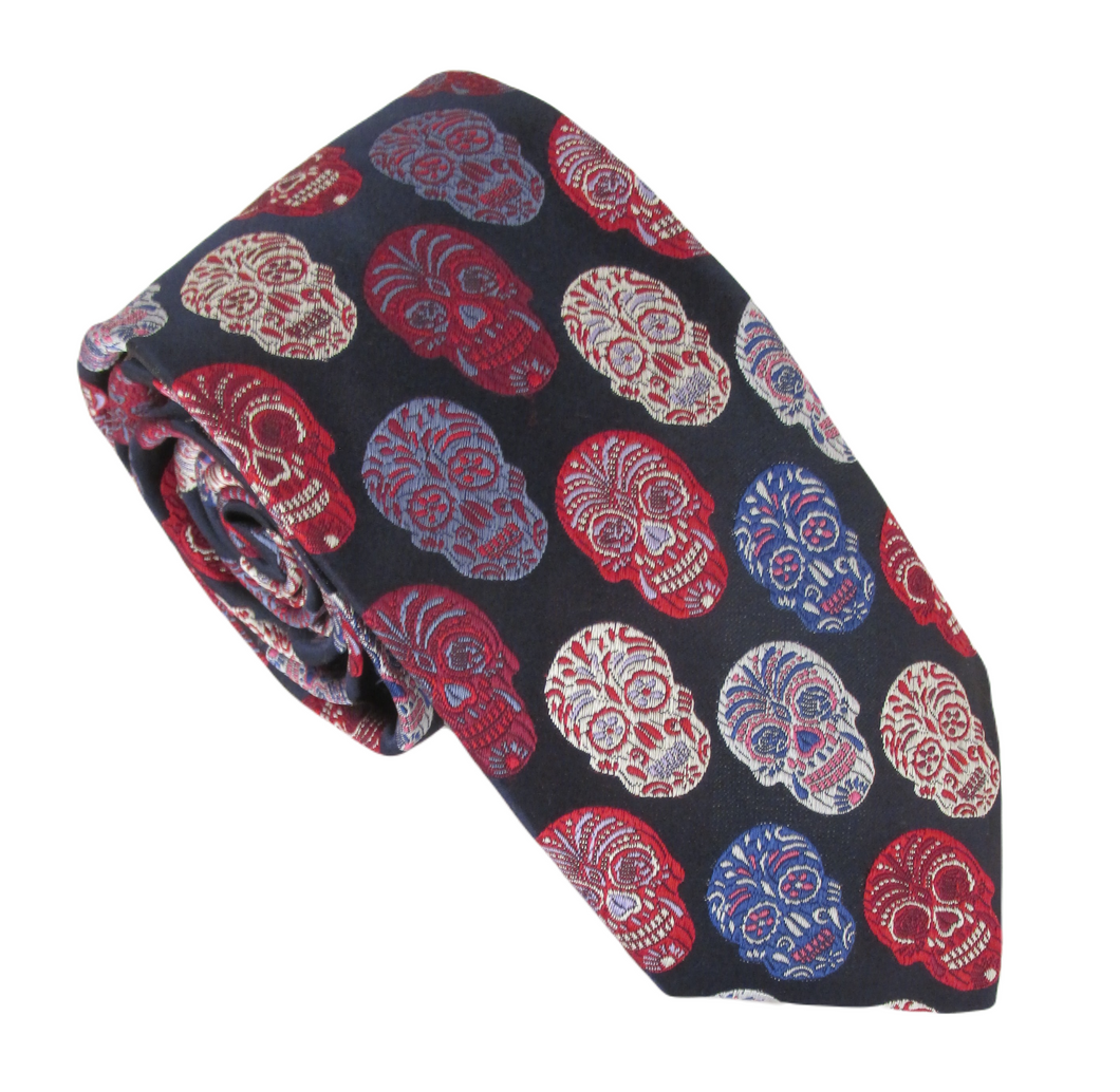 Limited Edition Navy & Red Skull Silk Tie by Van Buck