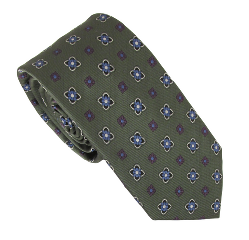 Green Square Flower London Silk Tie by Van Buck