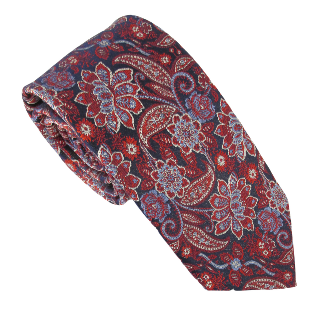 Navy & Red Mystical Floral London Silk Tie by Van Buck