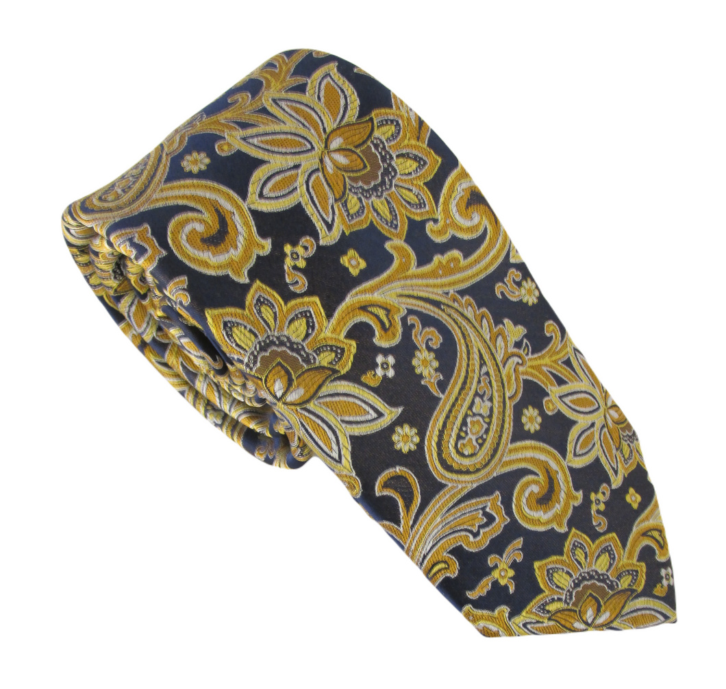 Navy Gold Paisley Flower London Silk Tie by Van Buck