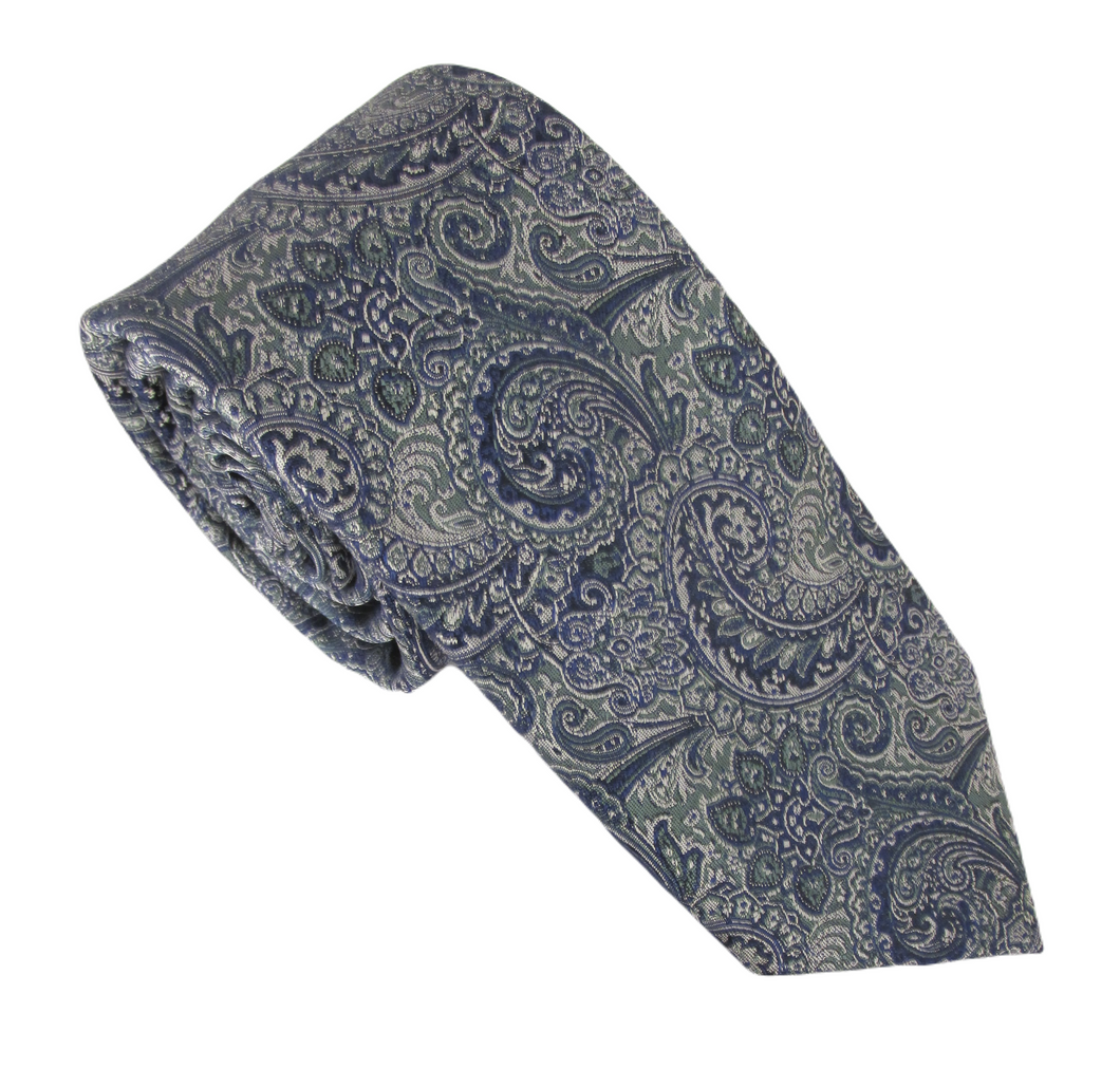 Navy & Green Intricate Paisley London Silk Tie by Van Buck