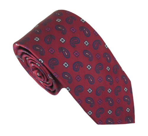 Red Paisley Squares London Silk Tie by Van Buck