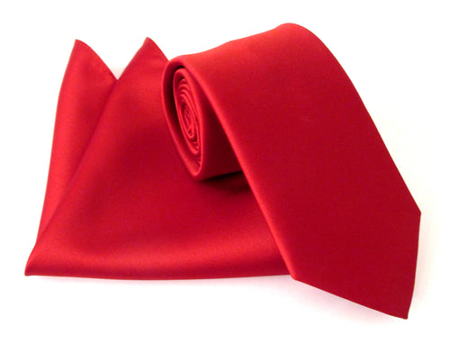 Red Satin Wedding Tie and Pocket Square Set by Van Buck
